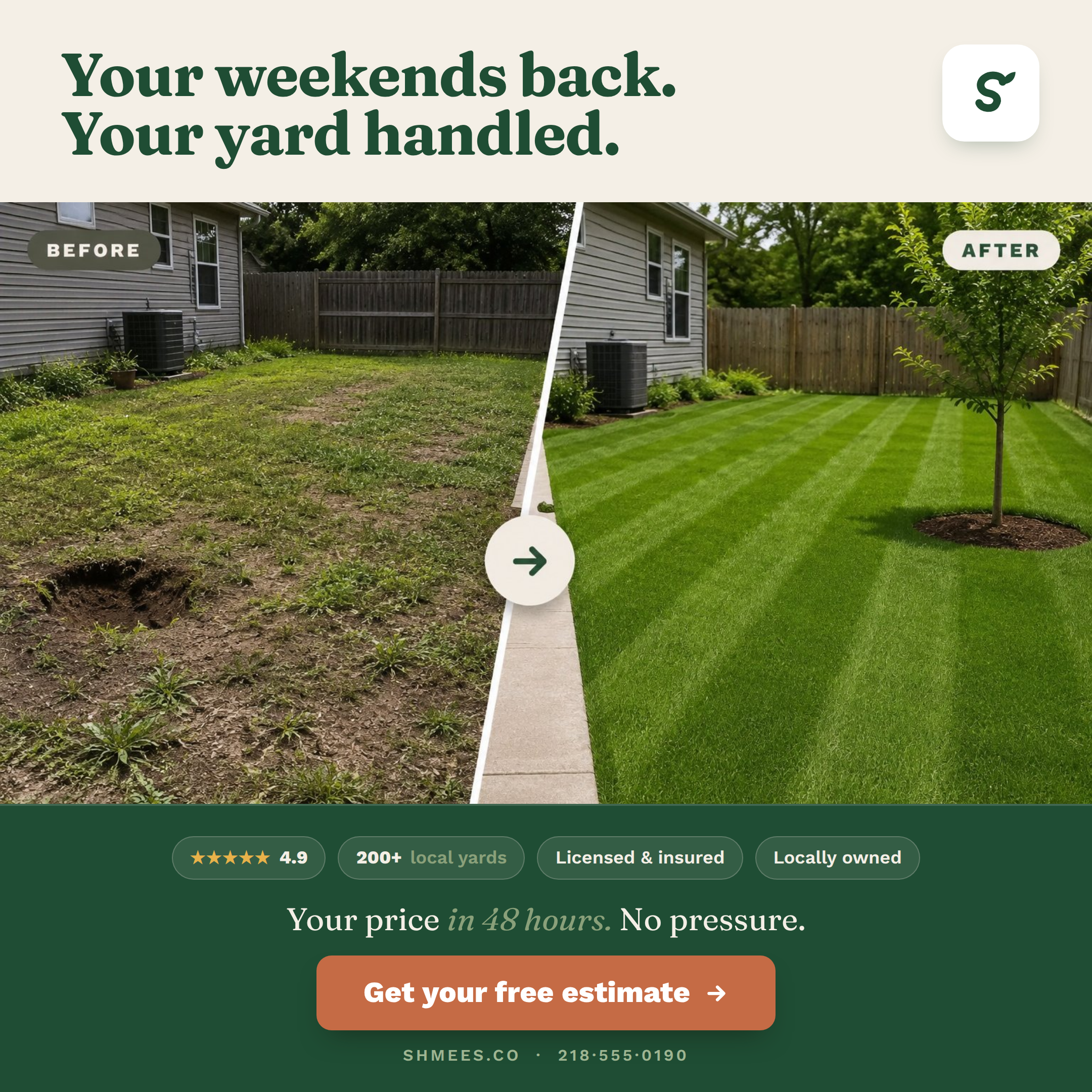 Shmee's Landscaping before-and-after Meta ad designed by Rovoos